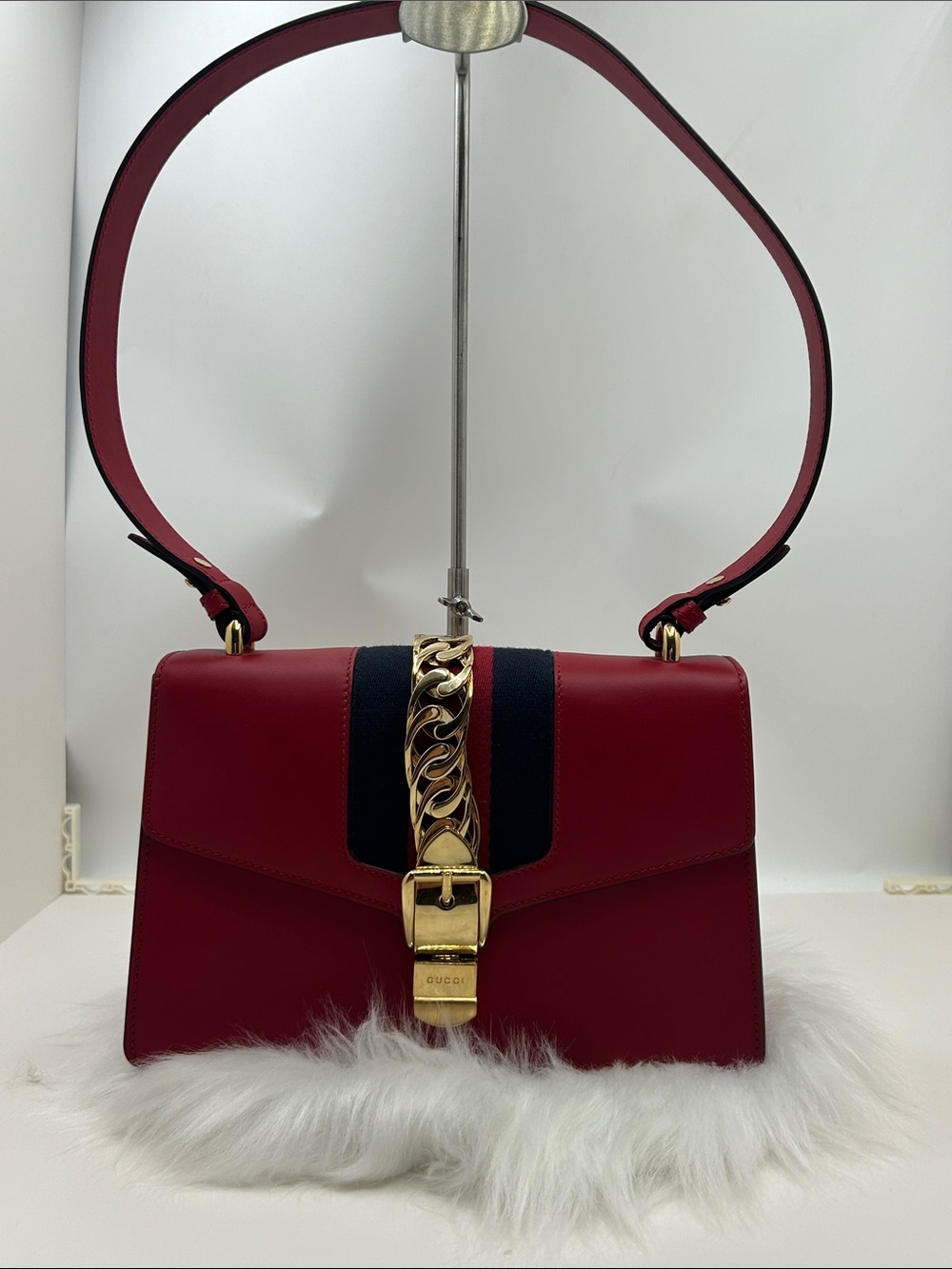 Gucci Red Leather Shoulder Bag with Navy Stripe and Gold Chain